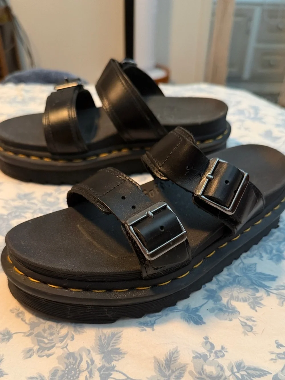 Dr. Martens Black Double-Buckle Platform Slides with Yellow Stitching